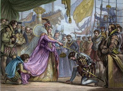 Dronning Elizabeth I (1530-1603) ridder Francis Drake (1540-96) - Opblødning af Francis Drake (1540-1596) af Unknown artist