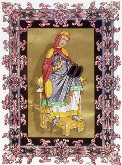 Radegonde (ca. 520 - 587), dronning af Frankrig, hustru til Clotaire (Clothaire) I. Kromolitografi fra det 19. århundrede baseret på belysning. af Unknown artist