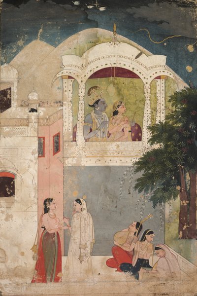 Radha og Krishna sidder på en balkon af Unknown artist