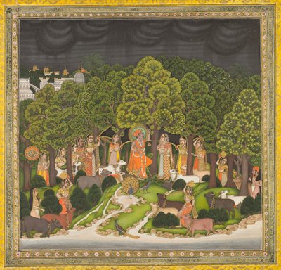 Radha og Krishna mødes i skoven under en storm af Unknown artist