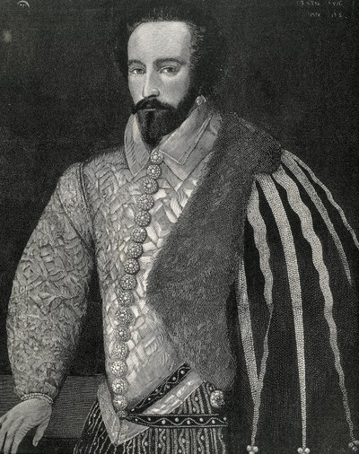 Raleigh, Sir Walter (1554-1618). Engelsk sømand, opdagelsesrejsende og mægler. Portræt af Sir Walter Raleigh. Graveret i 1891, udført efter en anonym original, der er bevaret på National Portrait Gallery i London. Gravering. af Unknown artist