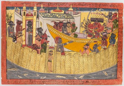 Ravanas søster klager over, at hendes næse blev skåret af Lakshmana, da dæmonerne forbereder sig på at tage af sted for at fange Sita, fra "Shangri" Ramayana af Unknown artist