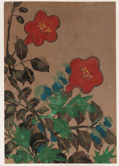 Røde og blå blomster og løv af Unknown artist