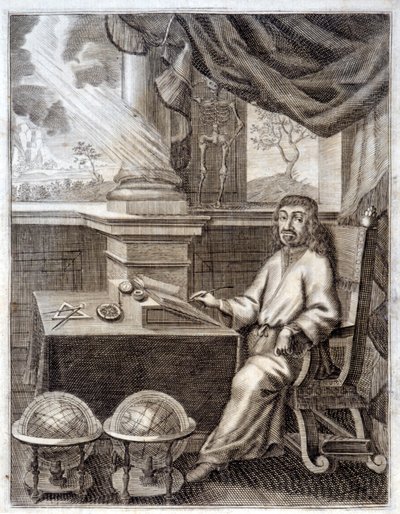 René Descartes (1596 - 1650) på sit kontor med videnskabeligt udstyr. Stik af det 17. århundrede. af Unknown artist