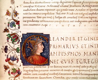 Repræsentation af Alexander den Store (356-323 f.Kr.) konge af Macedoine Miniature taget fra "" Paralleles of illustrious men""" fra Plutarch (46-125 AD) (MS. XV. 1) 15. århundrede. Cesena, Biblioteca Malatestiana af Unknown artist
