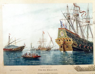 Repræsentation af italienske skibe, galeres, brigantine fra det 16. århundrede (Akvarel af Unknown artist