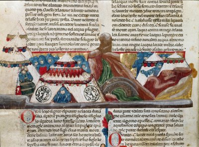 Repræsentation af Jules Cesar (101-44 f.Kr.), der sidder i nærheden af sin militærlejr. Detalje af en manuskriptside "" Facts of the Romans"" (Ms 1538, fol. 24v) omkring 1340 Firenze, Biblioteca Riccardiana af Unknown artist