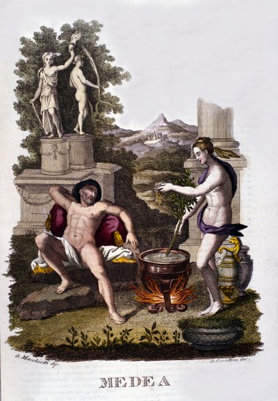 Repræsentation af Medea, der forbereder sine forbandelser efter argonauternes cyklus. Indgravering af det 19. århundrede. af Unknown artist