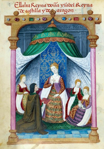 Repræsentation af dronning Isabella af Portugal Isabella af Aragon (1271-1336) omgivet af sine ledsagere og Pedro Marcuello, der tilbyder hende sin bog. Manuskriptside taget fra "" Samling af hengivenhed af Dronning Joan the Folle (1479-1555) af Spanien""  af Unknown artist