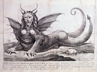Repræsentation af en harpy, et monster fundet i en peruviansk sø: det har et menneskeligt ansigt, horn, dragevinger, en manke af en løve, krop af et krybdyr, en kvindes bryster (tryk 1784) af Unknown artist