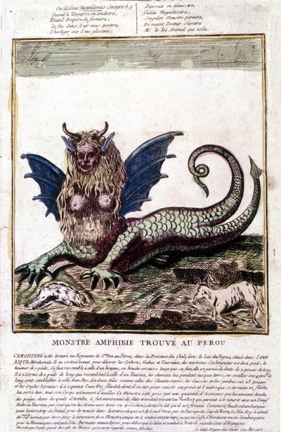 Repræsentation af et monster fundet i en Perou-sø: det har et menneskeligt ansigt, horn, dragevinger, en løvemanke, en krybdyrkrop, en kvindes bryst. Populært tryk fra det 18. århundrede. af Unknown artist