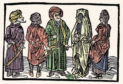 Repræsentation af boghvede. Mænd med arme med sammenflettede hoveder og tilslørede kvinder. Xylografi af det 15. århundrede af Unknown artist