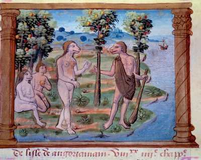 Repræsentation af monstrøse skabninger med en menneskekrop og hundehoved. Miniature taget fra "" Mongolernes historie kaldet af os tartarer, beskrivelse af skikke, geografi, historie og fremtrædende personer fra det mongolske folk"", rejsehistorie om franc af Unknown artist