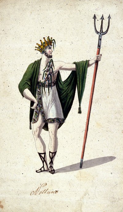 Repræsentation af den romerske gud Neptun, der holder en trefork (identificerer den græske Poseidon). Akvarel af det 18. århundrede. af Unknown artist