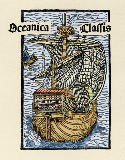 Repræsentation af karavellen Santa Maria af Christopher Columbus (1451-1506). Indgravering fra “De insulis in mare Indico super inventis”, Bale 1493-1494 (latinsk oversættelse af Columbus