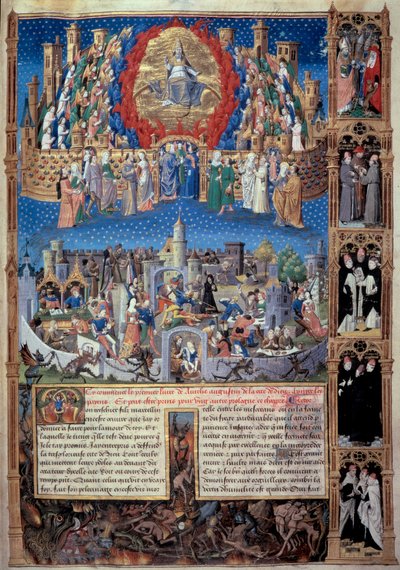Repræsentation af Guds by (celeste) og menneskenes by (jordisk) Miniature taget fra "" De civitate dei"" (Guds by) af Sankt Augustin af Hippo (354-430), oversat af Raoul de Presles ca. 1480. Macon kommunebibliotek af Unknown artist