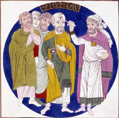 Repræsentation af indvielsen af en eveque fra det 19. århundrede efter et maleri på glas lavet på Abbe Sugers tid af Unknown artist