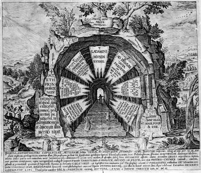 Repræsentation af indgangen til House of Mysteres, symbolsk for evigt liv. Indgravering af "Amphitheatrum sapientiae aeternae". (Amphitheatre of eternal visdom) [Hamburg: s.n. af Unknown artist