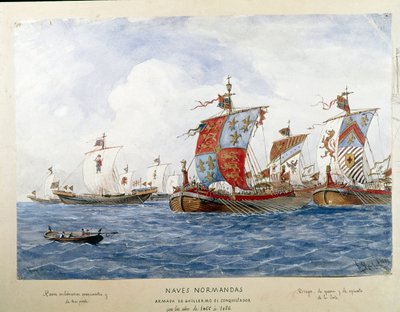 Repræsentation af Vilhelm Erobrerens flåde i det 11. århundrede, krigsskibe, handel, passagertransport (Akvarel af Unknown artist