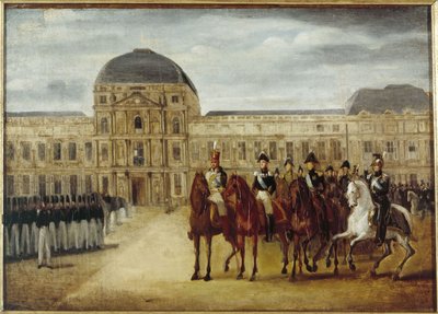 Anmeldelse foran Château des Tuileries, ca. 1820. Det nuværende 1. arrondissement, mellem 1815 og 1825 (olie på lærred) af Unknown artist