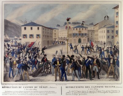 Revolution af kantonen Ticino i Schweiz den 5. december 1859. Gravering af det 19. århundrede. af Unknown artist