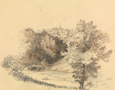 Flodlandskab med by i det fjerne af Unknown artist