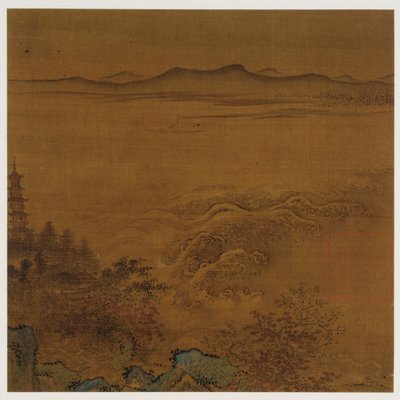 Flodlandskab: en pagode, skummende strømfald, fjerne bakker af Unknown artist