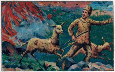 Robinson flygter fra en vulkansk eksplosion. Illustration til Daniel Defoes bog (De foe) "" Robinson Crusoe"". Kromolitografi i slutningen af det 19. århundrede. af Unknown artist