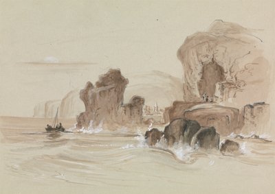 Klippekystlinje med lille fiskerbåd af Unknown artist