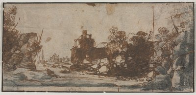 Rocky Inlet med både og bygninger (recto) af Unknown artist