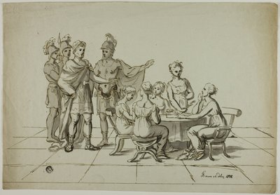 Romersk kejser nærmer sig gruppe af kvinder, der sidder ved bordet af Unknown artist