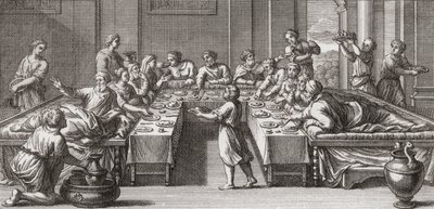 Romersk triclinium, eller spisestue, med bord og sofaer af Unknown artist