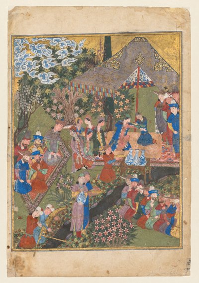 Kongelig modtagelse i et landskab, højre folio fra den dobbelte frontispice af en Shahnama (Kongernes Bog) af Firdausi (persisk, ca. 940–1019 eller 1025) (verso) af Unknown artist