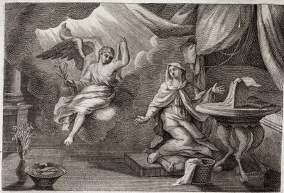 Royaumont Bible, Det Nye Testamente: Jomfruens bebudelse. Ærkeenglen Gabriel er kommet for at levere et budskab til Maria. Illustration fra 1811. af Unknown artist