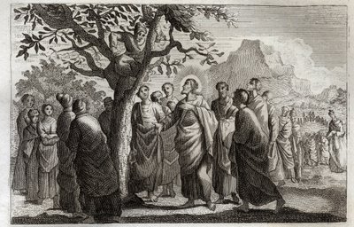 Royaumont Bible, Det Nye Testamente: Omvendelse af Zachee. Jesus Kristus taler med Zachee, der sidder på platanen. Illustration fra 1811. af Unknown artist