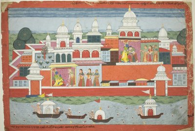 Rukmini beder Krishna om tilladelse til at besøge sin bror Rukma, side fra et spredt Bhagavata Purana-manuskript af Unknown artist