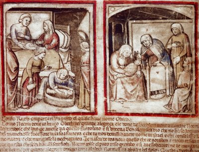 Ruth føder Obed (Obeth) søn af Boaz (Boaz) Miniature fra Codex 212 (eller Padovan Codex eller Bible of Padua) 1390-1400 Rovigo, Accademia dei Concordi af Unknown artist