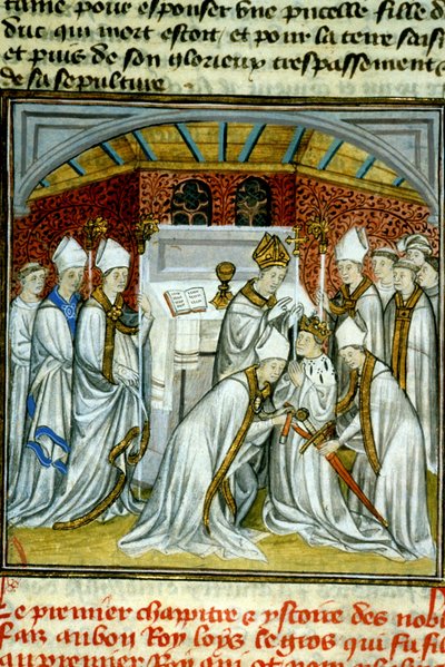 Sacre of Louis VI (1108) - Belysning af manuskript på velin fra middelalderen "" Great Chronicles of Saint-Denis"" slutningen af det 14. århundrede (ref.512 af Unknown artist