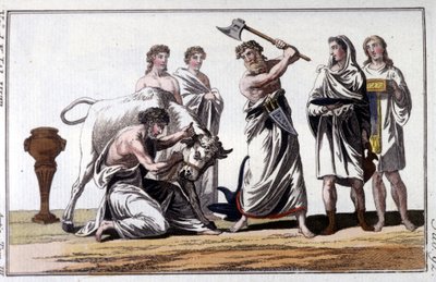 Ofring af en tyr blandt kelterne. 1800-tals gravering. af Unknown artist