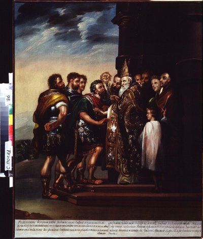 Sankt Ambrosius og kejser Theodosius I (sankt Ambrosius og kejser Theodosius). Ekskommunikation af Theodosius I (Flavius ​​​​Theodosius eller Theodosius den Store (347-395), romersk kejser fra 379 til 395) af Ambrosius af Milano (Aurelius Ambrosius, 340-39 af Unknown artist