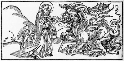 Sankt Martha og Tarasque - Indgravering fra "Leben der Heiligen - sommerteil" (Helgenbogen) af Jacobus (James) fra Voragine (1228-1298). Lübeck 1488. af Unknown artist