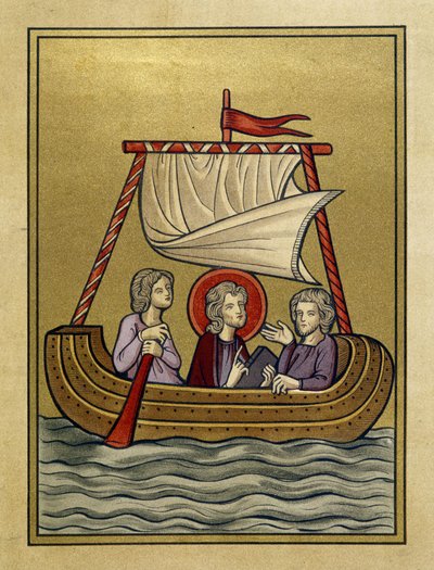 Saint Paul, Saint Sylvain (eller Silas) og Saint Timothy på en båd - fra miniature af Unknown artist