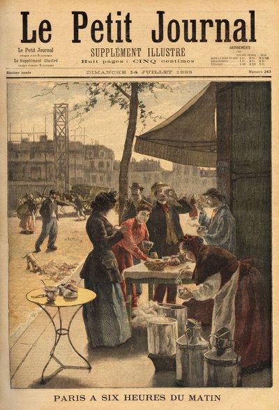 Sælger af suppe og mælkekaffe, holdt under cocheres-dørene kl. 6 til den udendørs morgenmad for parisiske arbejdere. Indgravering i "" Le petit journal"" 14/07/1895. Selvas samling. af Unknown artist