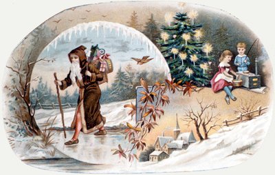 Julemanden kommer med gaver til børnene. kromolitografi fra slutningen af 1800-tallet. af Unknown artist