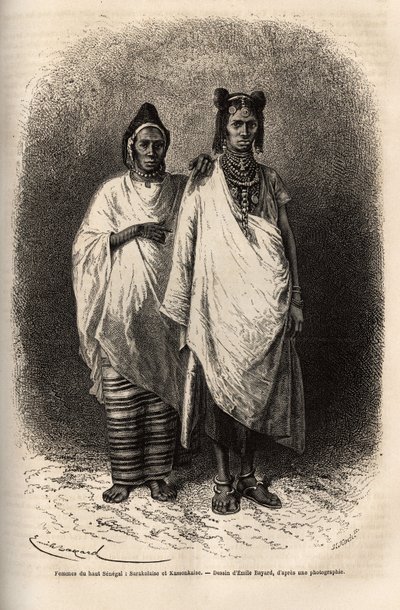 Sarakolesiske og Kassonkesesiske kvinder, befolkninger i Øvre Senegal, i traditionelt tøj. Gravering til illustration af et krydstogt på Afrikas kyst, af viceadmiral Fleuriot de Langle, i 1868, udgivet i "" Le tour du monde""" 1872, redigeret af Edouard Ch af Unknown artist