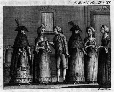 Scene 11 i akt II af tegneserien "" I rustici"" (Les rustres) (1760) af Carlo Goldoni (1707-1793). Indgravering af det 18. århundrede af Unknown artist
