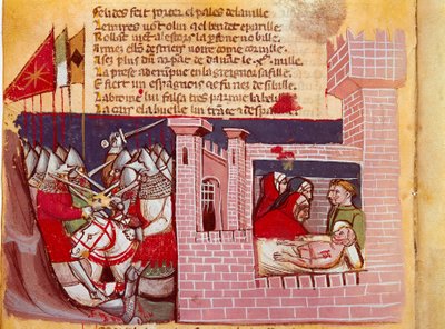 Scene fra slaget ved Roncesvaux i 778. Slaget mellem Charlemagnes hær og saracenerne, hvor ridderen Roland blev dræbt. Han er en repræsentant til højre. Miniature fra codex "The Entrée d