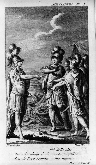 Scene af første akt af "" Alexandre aux Indies" (Alessandro nelle Indie), opera af komponisten Niccolo Vito Piccinni (eller Piccini) (1728-1800) (1758) efter en libretto af Pietro Metastasio (Metastase). Stik fra slutningen af 1700-tallet af Unknown artist