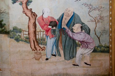 Scener fra hverdagen i Kina, detaljer af det kinesiske tapet, kinesisk kabinet, Jagtbolig, af Filippo Juvarra (1678-1736), Stupinigi, Piemonte, Italien af Unknown artist
