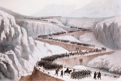 Anden italienske uafhængighedskrig: den franske hærs passage af Moncenisio den 29. april 1859 (Tryk) af Unknown artist